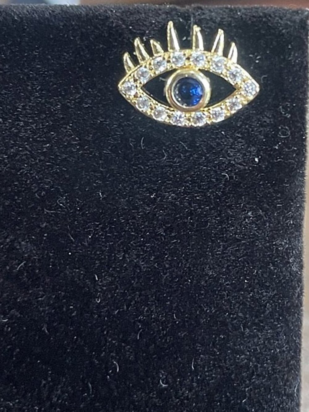 Gold Boho Evil Eye Protection Stud Earrings Blue Clear CZ | Eyelash | Talisman - Picture 8 of 13